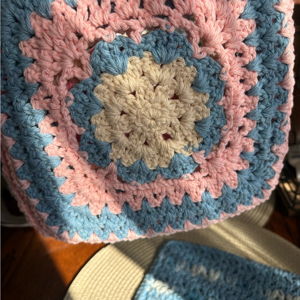Handmade Crocheted Granny Square in Pink, Blue & Cream